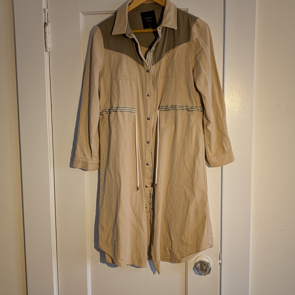Skatie Cream and Green Trench Coat with Belted Waist